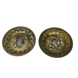 Vintage England Brass Pineapple Pear Grapes Decorative Wall Plates - a Pair 16”